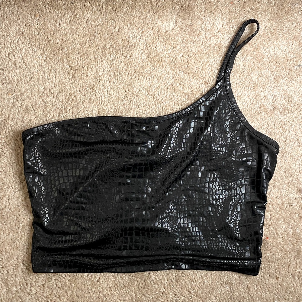 One Shoulder Crocodile Embossed Crop Top